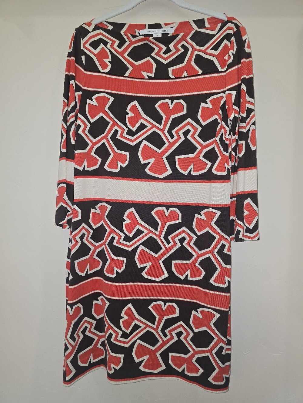 Diane Von Furstenberg Red, Black & White Geometric Boatneck Mini Dress